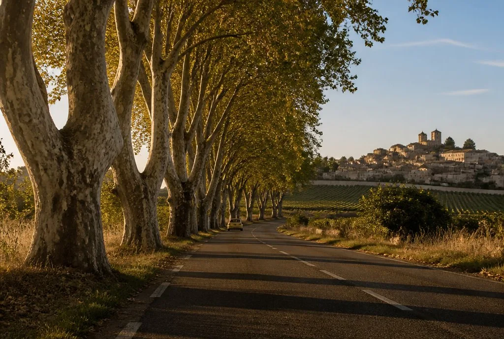 Landstrasse mit Platanen in Frankreich