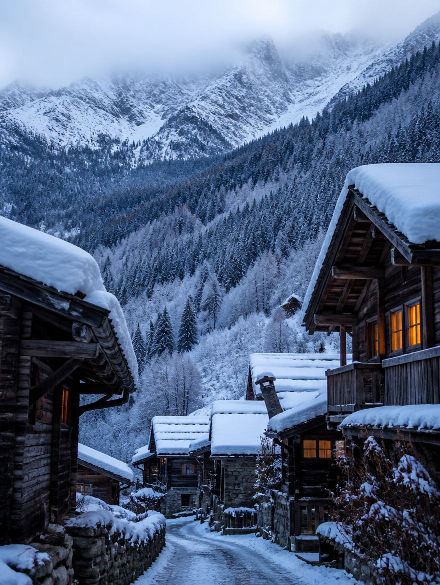 Alpendorf in Savoyen im Schnee