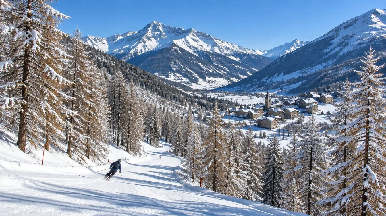 Larch forest piste, Southern Alps Larch forest piste, Southern Alps